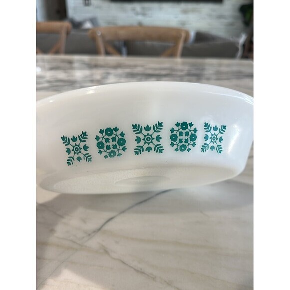 Vintage GLASBAKE Turquoise/teal Snowflake Floral design Divided Casserole Dish - Picture 3 of 5